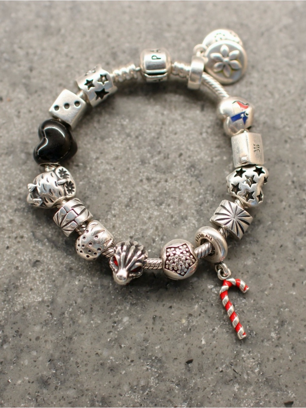 Pandora Bracelet with Charms (Hearts, Stars, Red theme)
